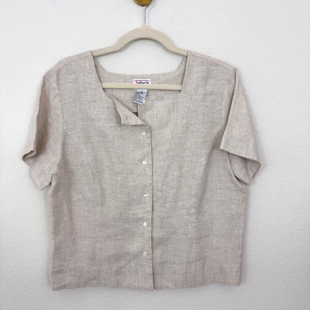 Talbots Womens Vintage Button Shirt Top Size 14P 100% Irish Linen Summer Neutral